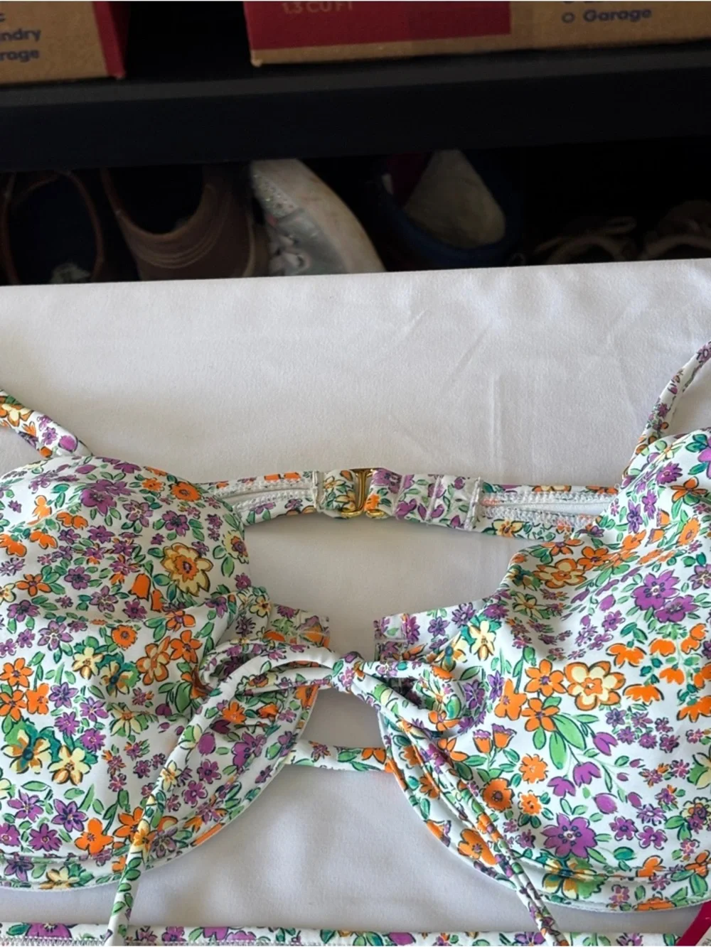 Floral Print Underwire Bikini Set - White Orange & Purple FloralString bottom - Picture 2 of 7